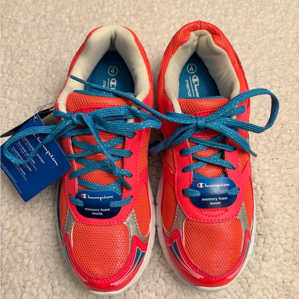 BRAND NEW!!  CHAMPION Kids Sneakers. Orange/Blue. Sz 4. Memory Foam. See photos